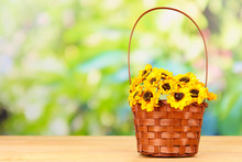 Bouquet Of Beautiful Artificial Flowers Basket, On Wooden Table