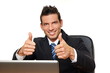 © petrdlouhy - Handsome man in suit at computer shows you thumbs up
