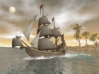 Wall Mural - Pirate ship leaving - 3D render