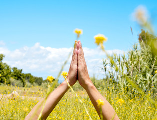 meditating in a spring field