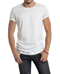 Wall Mural - man wearing blank t-shirt. Isolated on white.