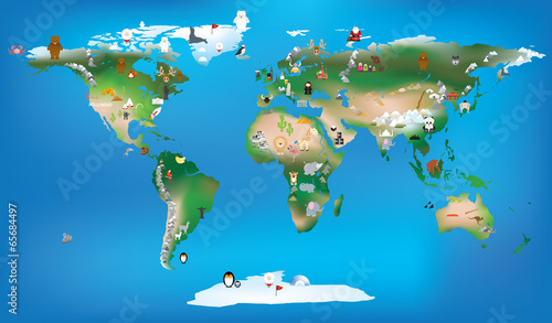 Naklejka na szybę world map for childrens using cartoons of animals and famous lan