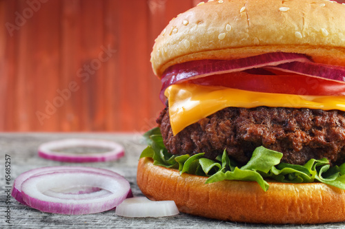 Naklejka samoprzylepna Zbliżenie hamburger z czerwoną cebulą