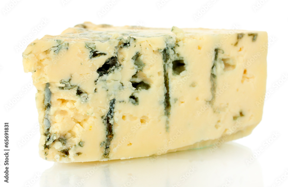 Cheese with mold isolated on white background close-up