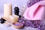 Fototapeta Lawenda - Composition with spa treatment, towels and lilac flowers,