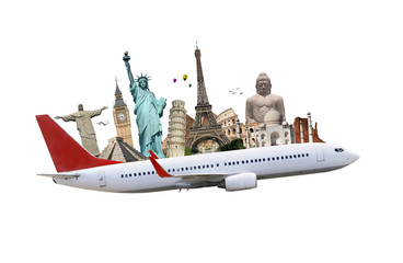 Fototapete - Travel the world monuments plane concept