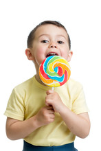 Child Boy Eating Lollipop Isolated
