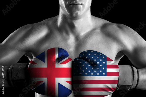 Obraz na płótnie canvas trzyczęściowy "tryptyk" B \u0026 w fighter z kolorowymi rękawicami brytyjskimi i usa