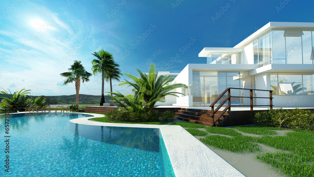 Luxury house with a tropical garden and pool - obrazy, fototapety, plakaty 