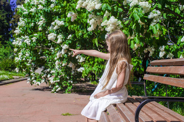 Wall Mural - Adorable happy little girl in a lilac flower garden