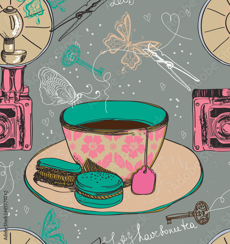 Board z aluminiowym obramowaniem Vintage tea time background, seamless pattern