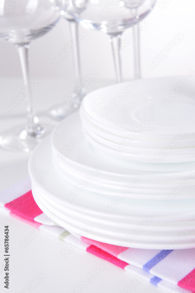 Set of white dishes close-up