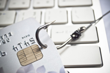 Wall Mural - hand holding a credit card with a fish hook - phishing