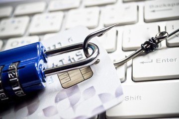 Wall Mural - fish hook with a credit card and security lock on keyboard