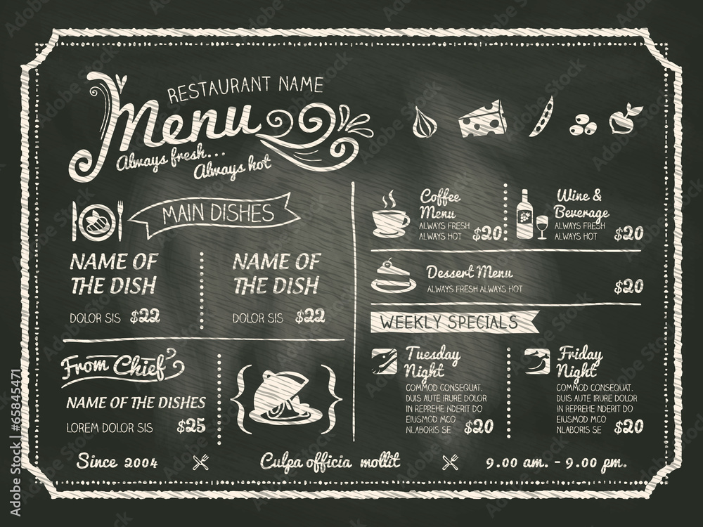 Restaurant Food Menu Design with Chalkboard Background - obrazy, fototapety, plakaty 