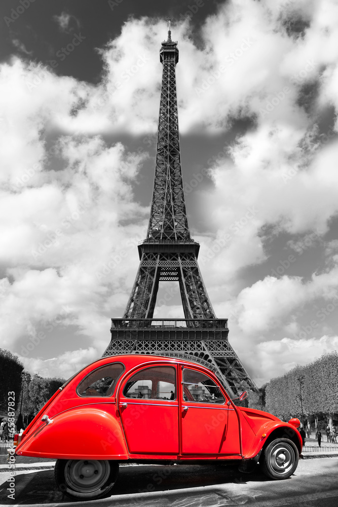 Eiffel Tower with red old car in Paris, France - obrazy, fototapety, plakaty 