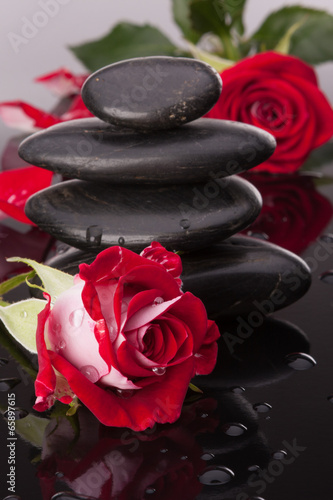 Naklejka dekoracyjna Spa stone and rose flowers still life. Healthcare concept.