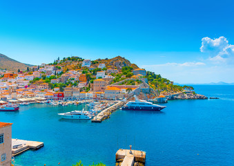 part of the pictorial main port of Hydra island in Greece