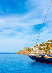 Wall Mural - beautiful sailing yacht in the port of Hydra island in Greece