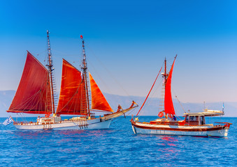 2 Old classic wooden sailing boats in Spetses island in Greece