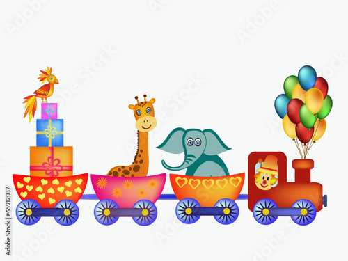 Fototapeta na wymiar parrot, giraffe, elephant in train frame