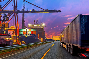 Truck transport container on the road to the port.