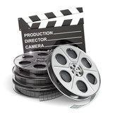 Fototapeta  - Movie concept. Film reels and clapboard