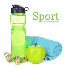 Canvas Print - Sports bottle, apple,towel and measuring tape isolated on white