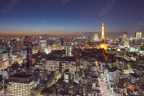 Fotoboard na płycie Tokio miasta z tokio wieża i góry fuji