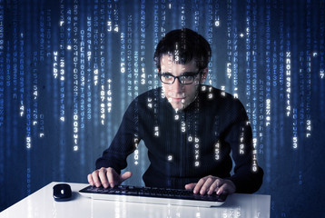 Aufkleber - Hacker decoding information from futuristic network technology
