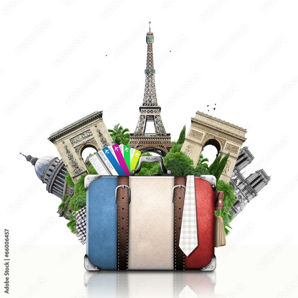 France, landmarks Paris, retro suitcase, travel - obrazy, fototapety, plakaty 