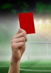 Poster - Composite image of hand holding up red card