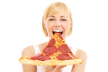 Poster - Happy woman with pizza