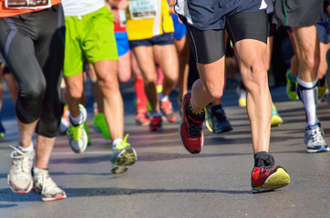 marathon running race, people feet on road