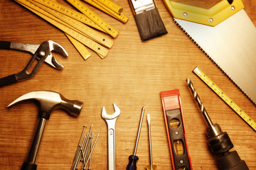 Canvas Print - Assorted carpentry tools on wood