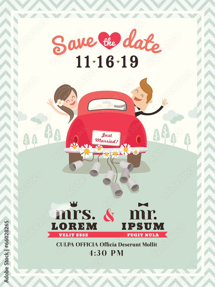 Just married car wedding invitation card design. Smiling Groom and ...
