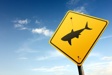 Sharks Ahead. Yellow Traffic Sign.