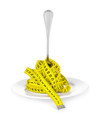 plate with a fork and measuring tape. concept of diet