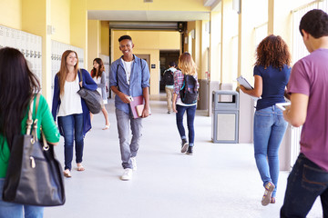 Wall Mural - Group Of High School Students Walking Along Hallway