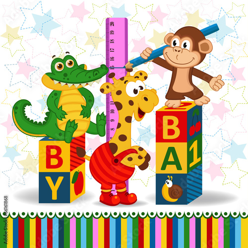 Naklejka na kafelki monkey crocodile measure growth giraffe - vector illustration