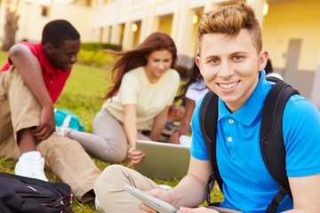 Wall Mural - high school students studying outdoors on campus