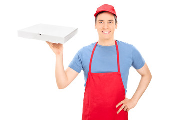 Canvas Print - Happy man holding a box of pizza