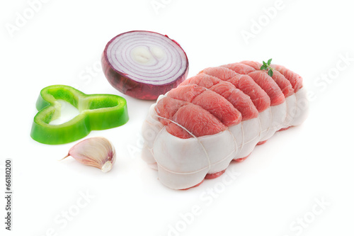 Roti De Veau Cru Barde Et Ficele Sur Fond Blanc Buy This Stock