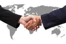 Businessman Handshake With World Map Isolated On White Backgroun