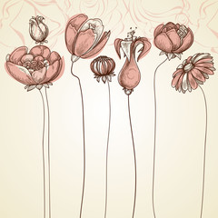 Poster - Delicate flowers background. Stylish floral card, hand drawn ill