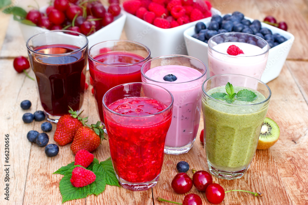 Organic smoothies, fruit yogurt and juices - obrazy, fototapety, plakaty 