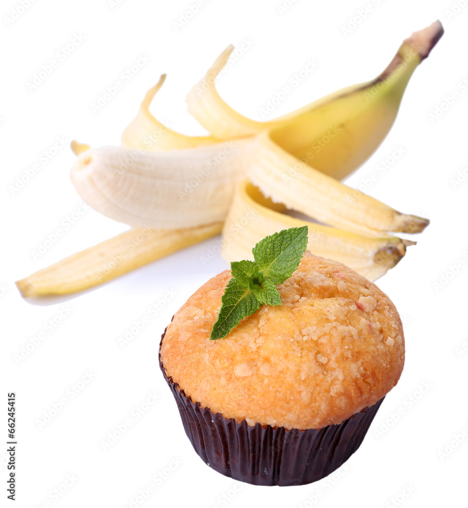 Tasty banana muffin isolated on white