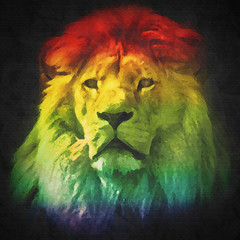 Wall Mural - colorful, artistic portrait of a lion on black background.