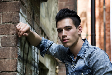 Wall Mural - Handsome black haired young man in denim shirt