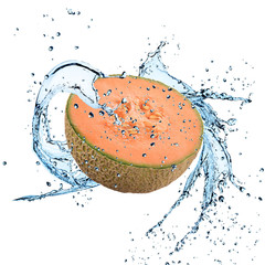 Fresh cantaloupe melon with water splash